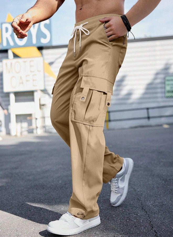 PLEPAN Men's Casual Cargo Pants with Drawstring Hems Elastic Waist Workout Pants Hiking Tactical Sweatpants Streetwear with Pockets Khaki X-Large - Image 2
